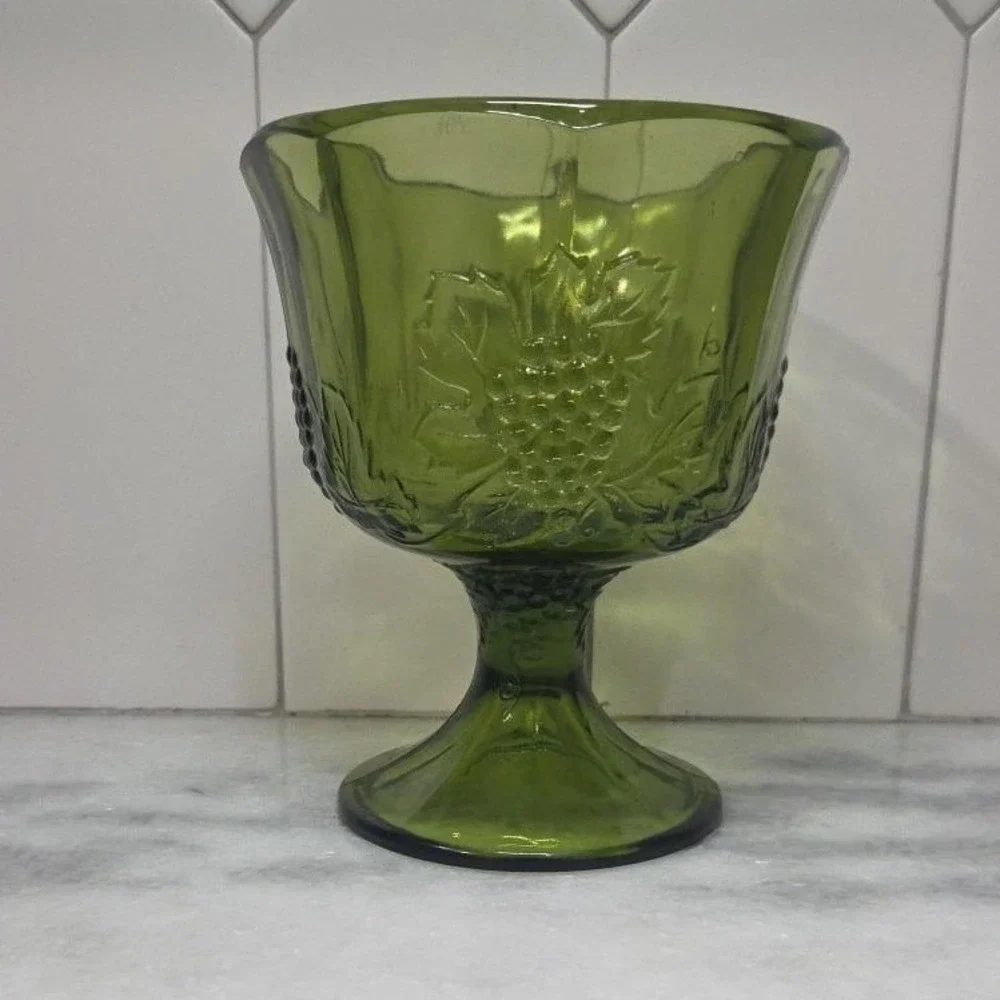 Indiana Glass Colony Harvest Grapes Compote, Vintage Avocado Green Pedestal Bowl